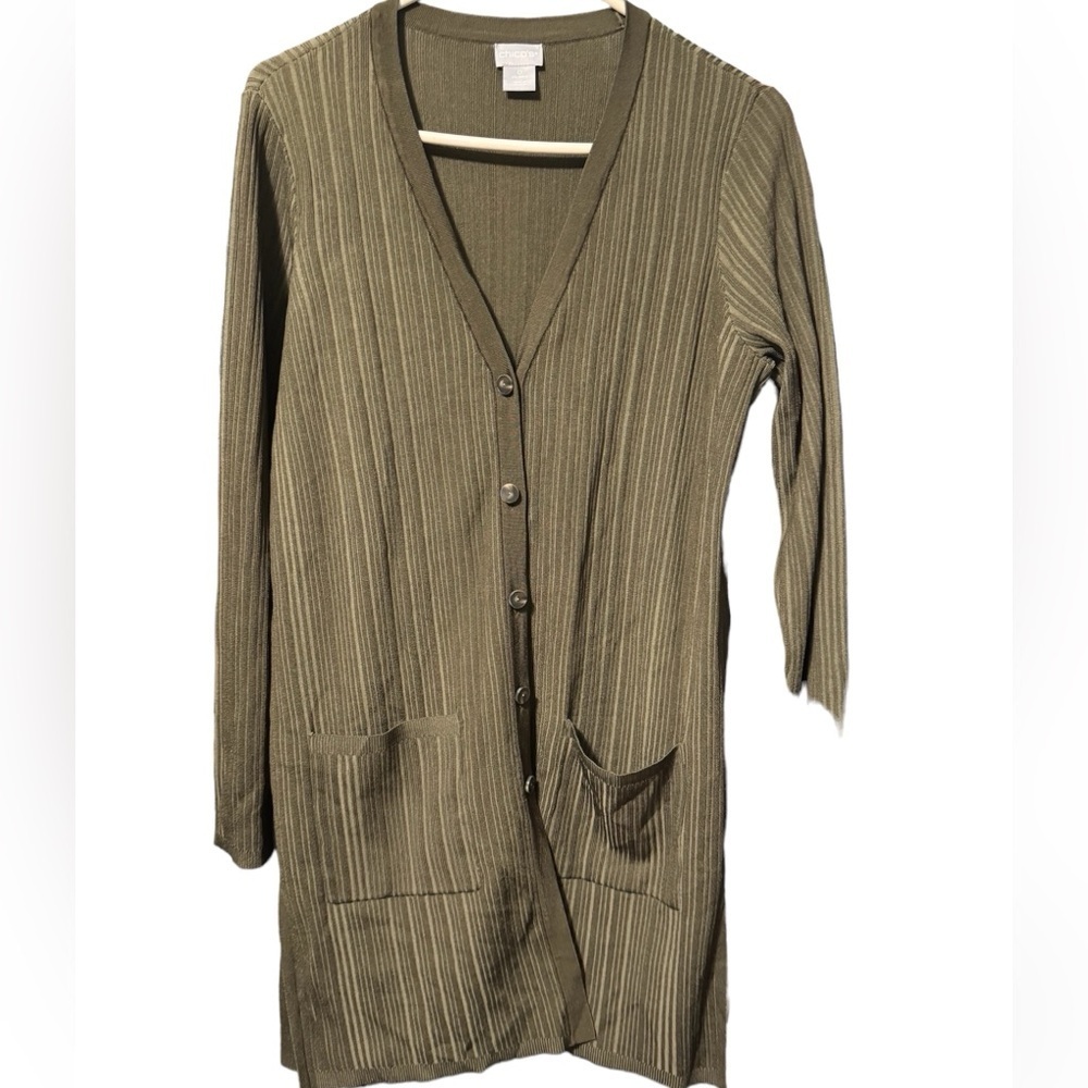 Chico's sz small olive green ribbed cardigan with pockets